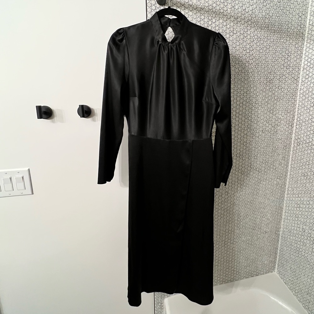 Flowy satin mock neck midi dress with open back and front slit. Never worn.